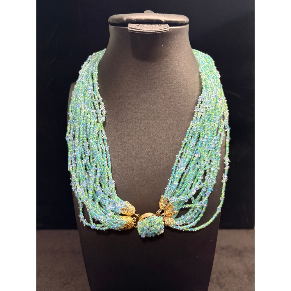 Vintage Japan Multi Strand Seed Bead Necklace Blue Green Gold Tone Clasp 17"